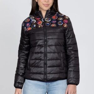 NWT Greater Good Geometric Colorful Embroidered Insulated Black Puffer Jacket XL